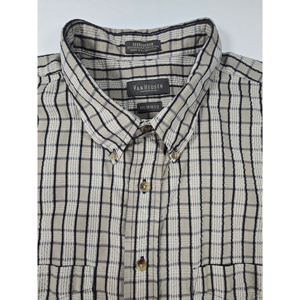 Van Heusen Mens‎ XXL Seersucker Short Sleeve Button Down Shirt Plaid Tan Black
